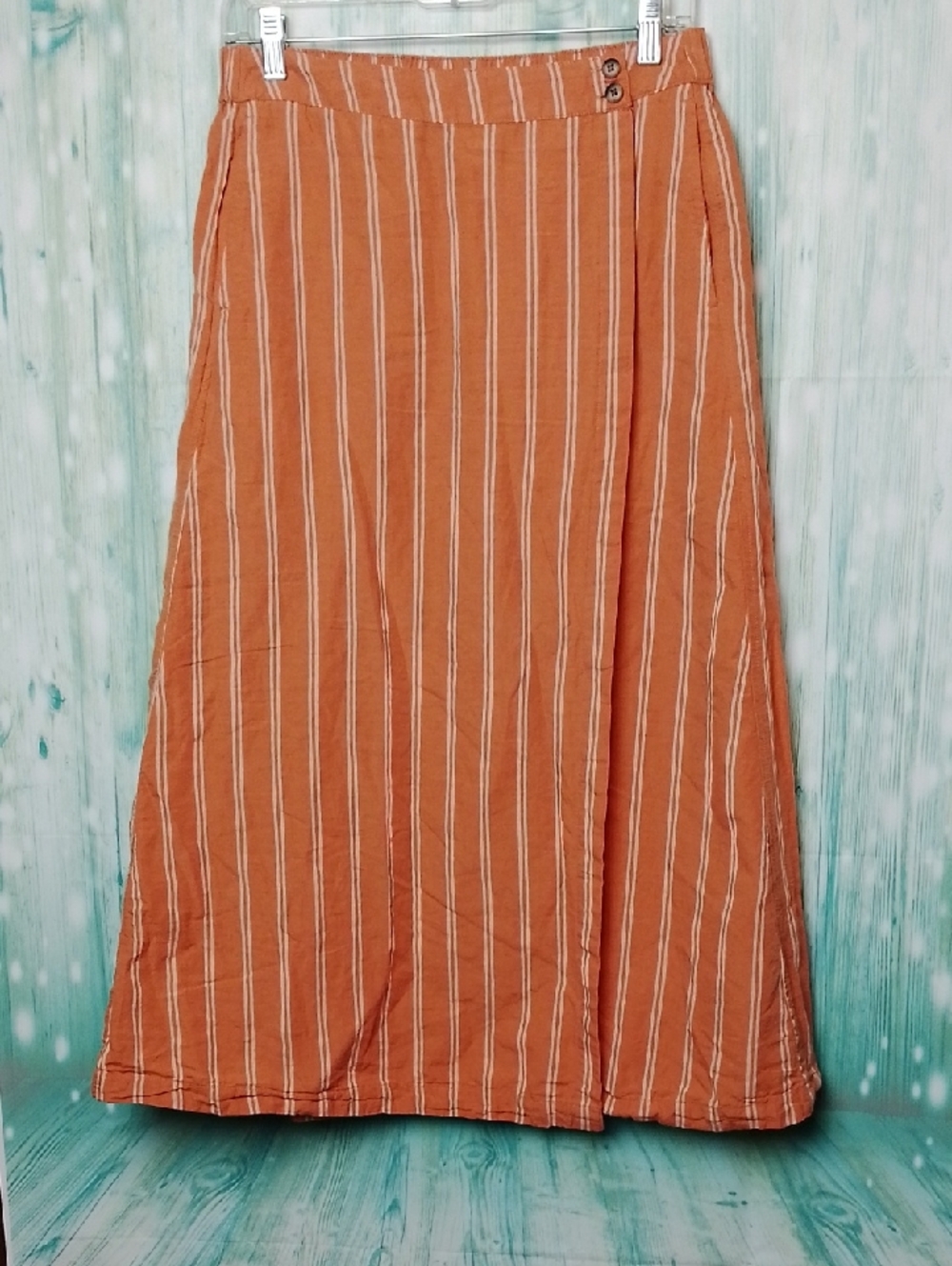 Pact Terracotta/Peach With Vertical Off White Striped Maxi Wrap Skirt Medium